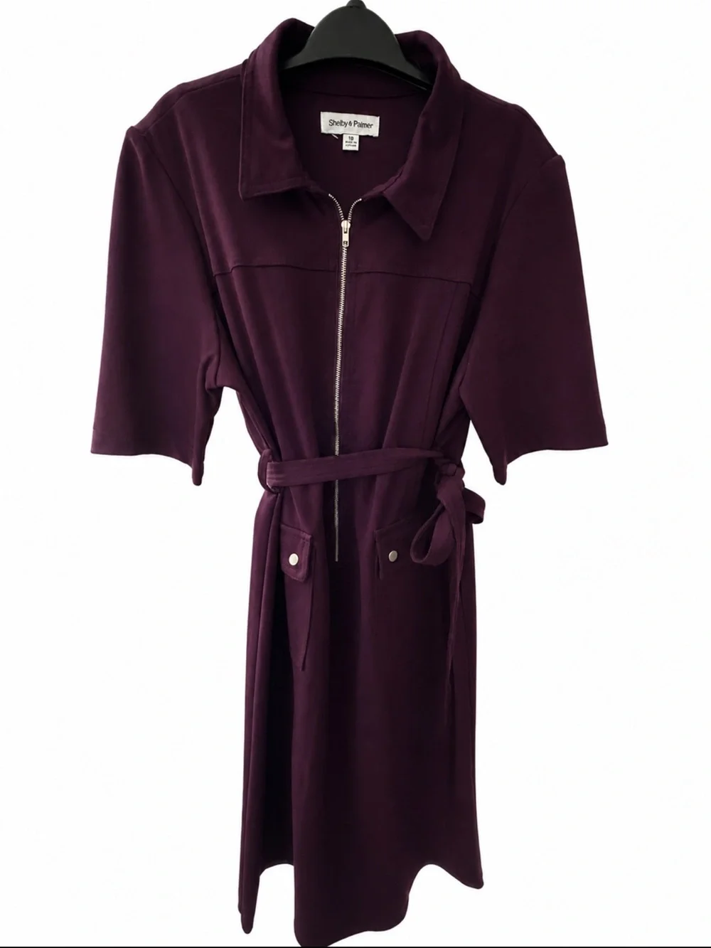 Shelby & Palmer Deep Plum Zip Dress with Tie Belt - Picture 2 of 2